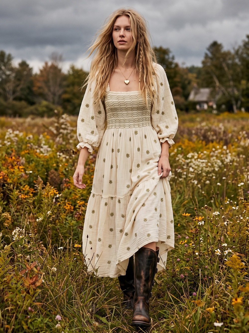 Free People Bohemian Gauze Dahlia Embroidered Flower Maxi Dress Cream Small